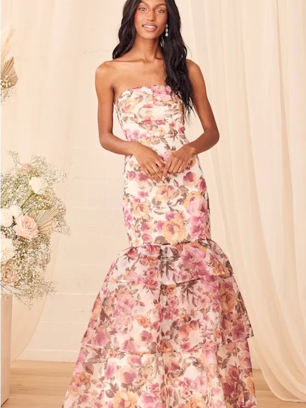Lulus Fleur of Dreams Ivory and Pink Floral Print Organza Maxi Dress.